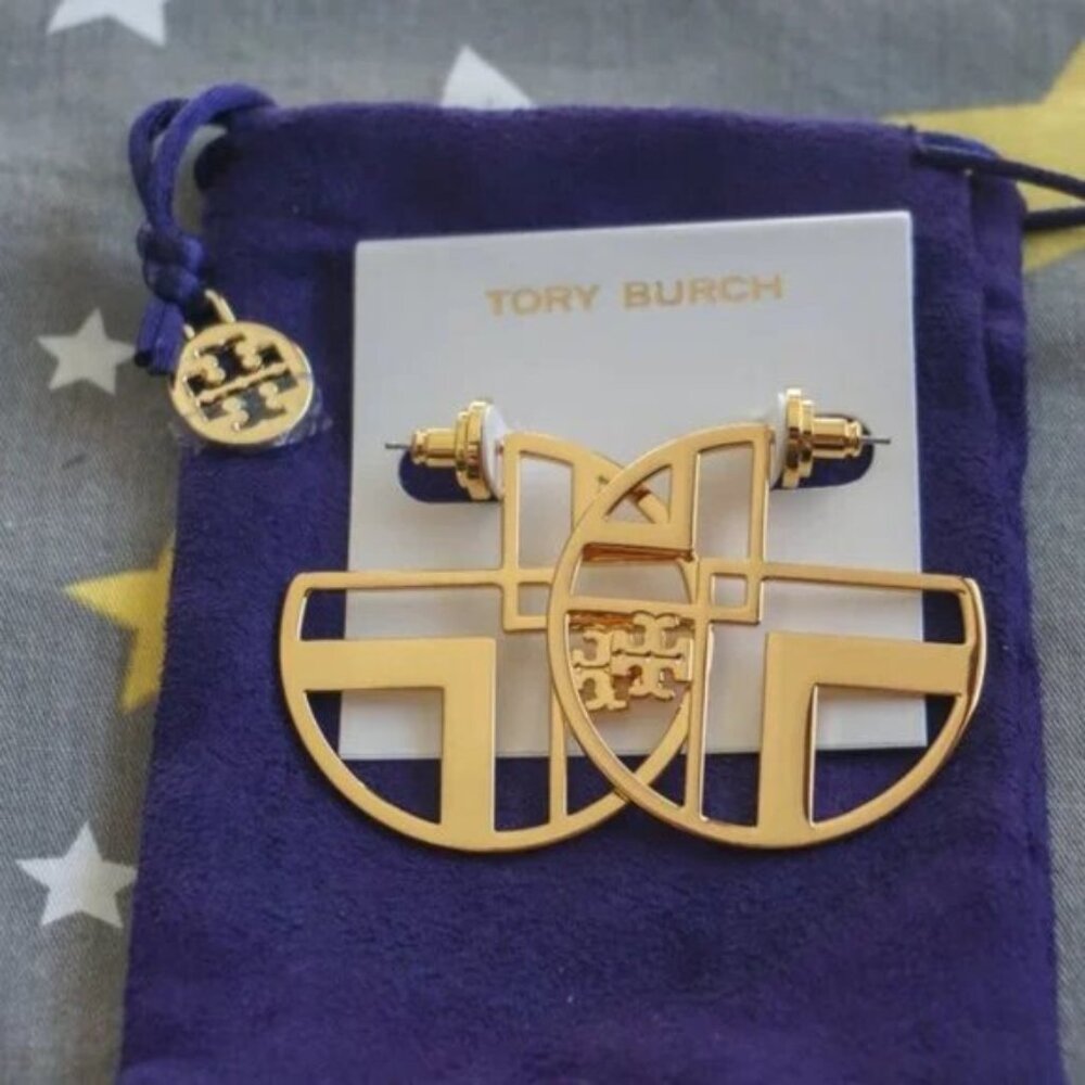Tory Burch Chevron Statement Hoop Earrings in Gold (Brand New)